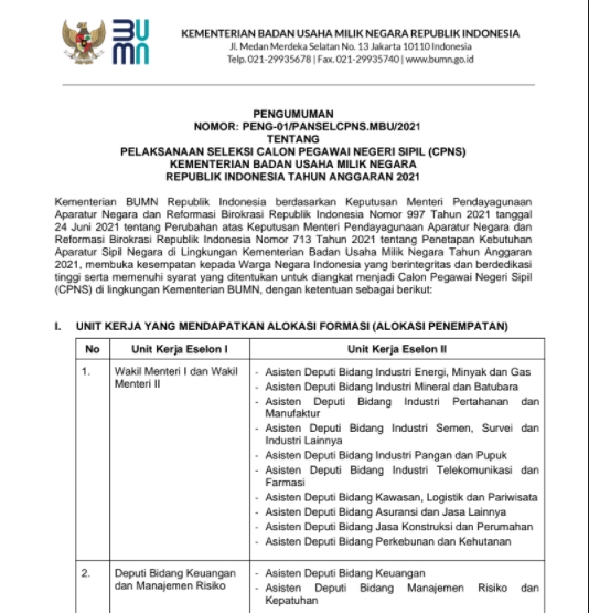 Lowongan CPNS/CASN/PPPK dari Kementerian BUMN Tahun 2021 Lulusan D4/S1