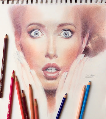 retrato de modelo dibujada con lápices de color polychromos