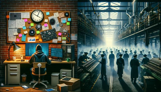 Photo: On the left, a lone hacker of diverse descent operates a computer, surrounded by gadgets and electronics. The walls are filled with sticky notes and brainstorming ideas. On the right, an old-fashioned factory setting where workers of different genders and descents work in uniforms, moving and breathing in unison. The atmosphere is smoky, and a prominent clock on the wall indicates the end of a long workday.