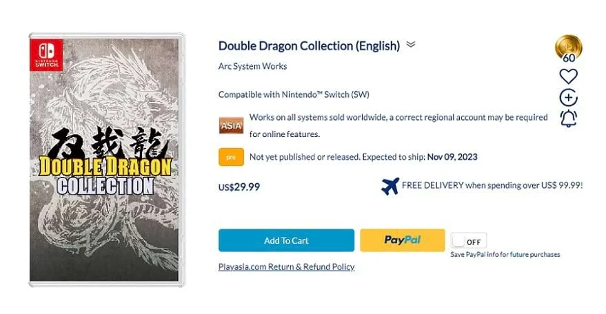 Double Dragon Collection (6Games) Switch Japan Physical Game In