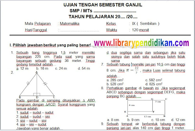 Download Gratis Soal Dan Kunci Jawaban Uts Matematika Smp Mts