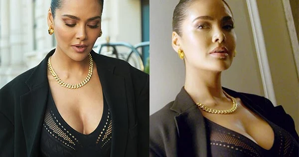 esha gupta cleavage black outfit