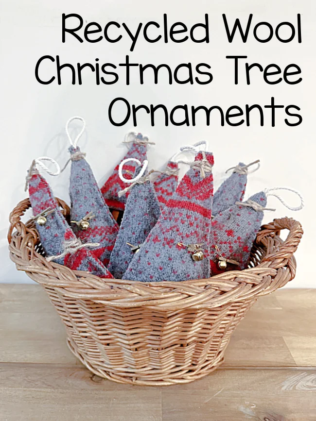 Basket of wool tree ornaments with overlay
