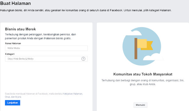 Mengisi Nama Halaman dan Kategori Fanpage