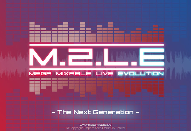 Mega Mixable Live: EVOLUTION (M2LE) Typographical Logo incorporating the M.2.L.E acronym. Circa November 2022.