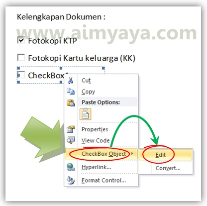  Gambar: Cara mengedit checkbox (kotak cek) di microsoft word 2010