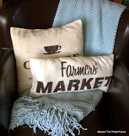 pillows, farmers market, coffee sign, stencil, beyond the picket fence, http://bec4-beyondthepicketfence.blogspot.com/2015/03/project-challenge-linenleather-fabric.html