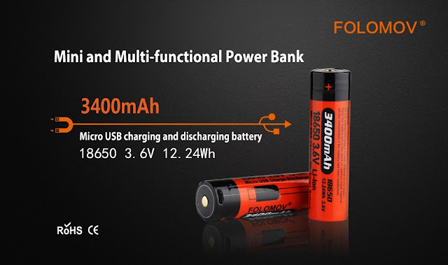 Folomov 2pcs 3400mAH 3.6V 18650 Micro USB Charging Discharging Battery & Mini Powerbank