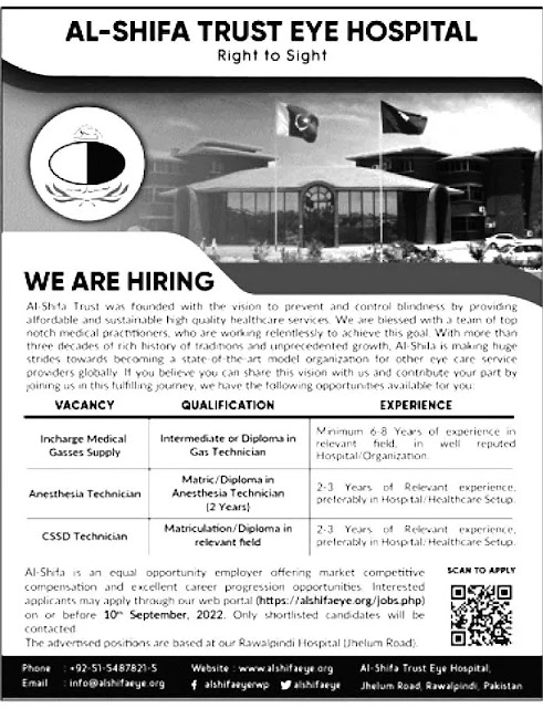 New Jobs Today 2022 –Al Shifa Trust Eye Hospital  - Rwp Jobs