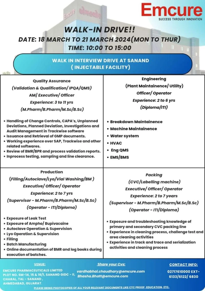 ITI, Diploma,  M Pharm, B Pharm, MSc, and BSc Jobs Vacancies for Supervisor and Operator Posts in Emcure Pharmaceuticals Limited