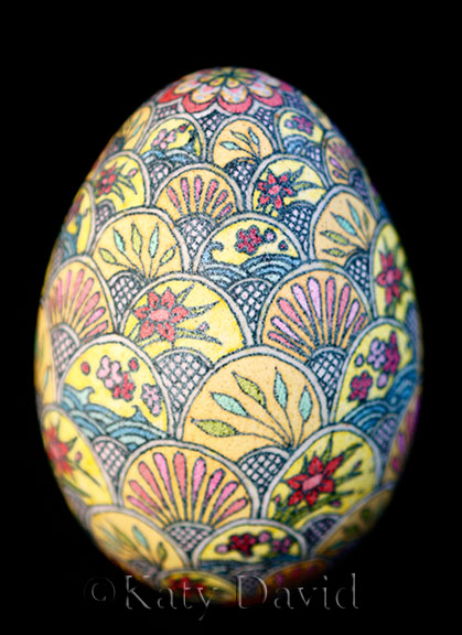 ©Katy David 2017 "Parasol Scallops" Goose egg Pysanky in yellow, blue, pink, red, green