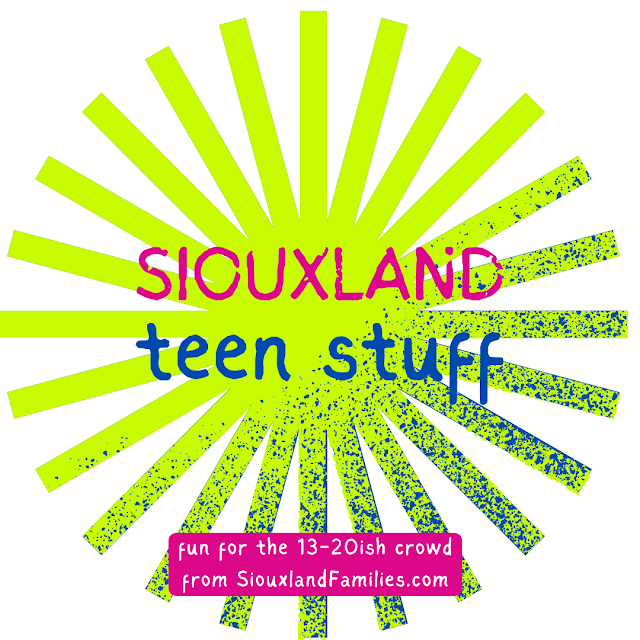 a lime green starburst with royal blue paint splatters sits behind the words "Siouxland Teen Stuff" and a pink box with white text that says "fun for the 13-20ish crowd from SiouxlandFamilies.com"