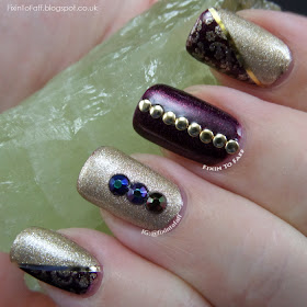 An elegant gold and purple nail art look.