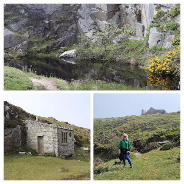 Collage of pond, Timekeepers cottage and woman in green shirt posing in rural landscape