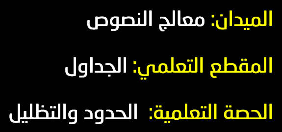 الميدان: معالج النصوص  المقطع التعلمي: الجداول  الحصة التعلمية: الحدود والتظليل