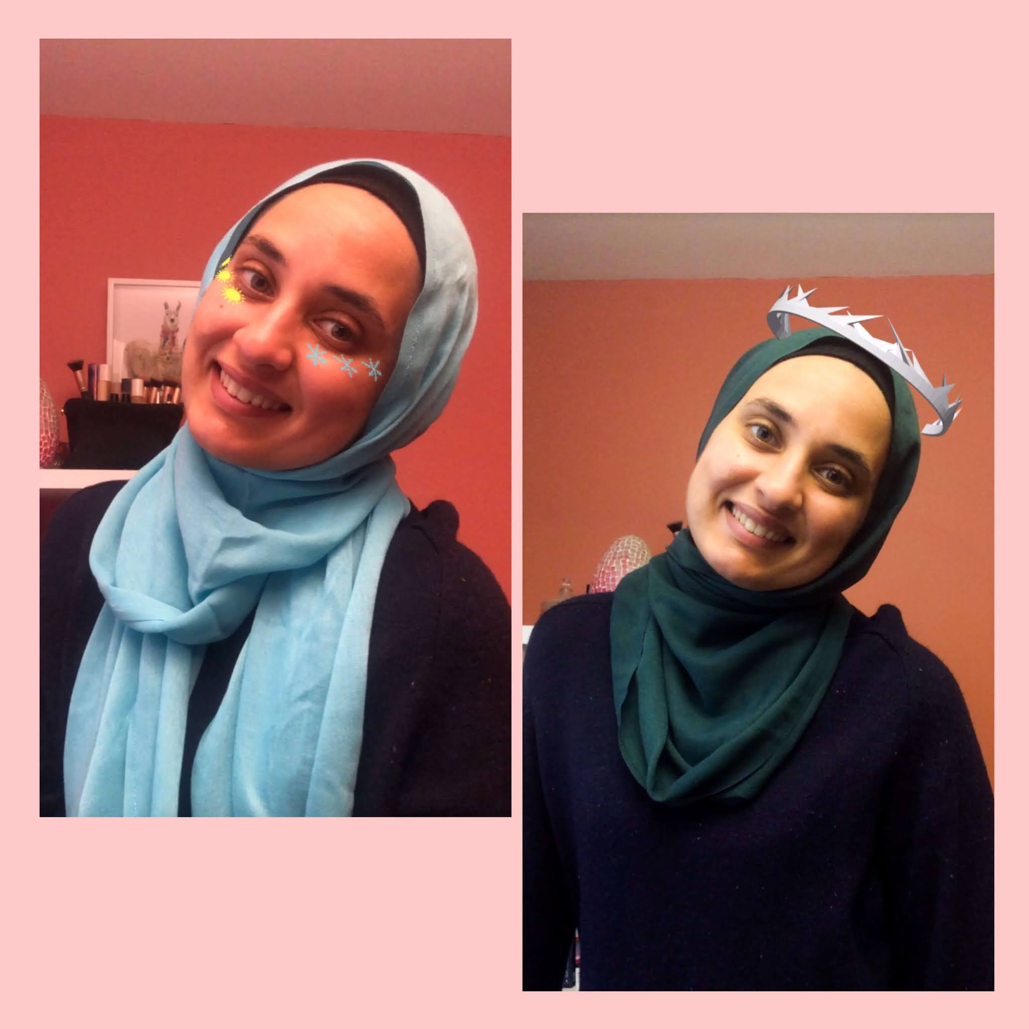 On left: Sahara with blue hijab with instagram filter with suns and snowflakes, on right with a silver crown