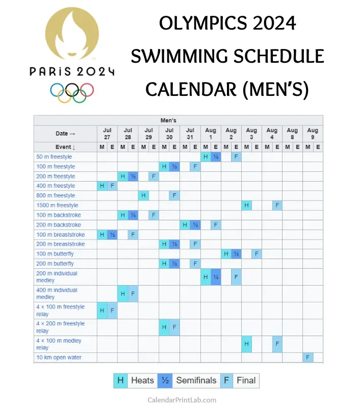 olympics 2024 swimming schedule calendar for men