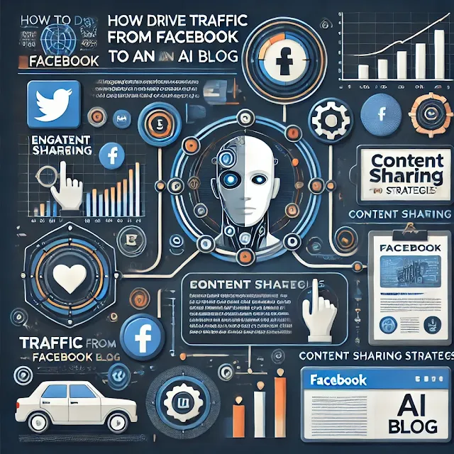 A modern infographic illustrating a step-by-step guide to driving traffic from Facebook to an AI-powered blog, featuring social media marketing strategies and audience growth techniques.