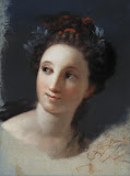 Female Head with a Ribbon and Laurels In the Hair by Rosalba Carriera - Portrait Drawings - Pastel on Blue Paper from Hermitage Museum