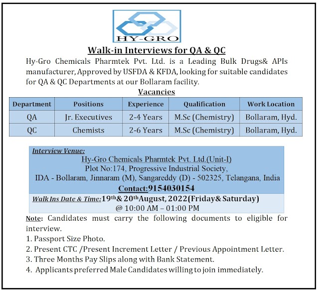 Hy-Gro Chemicals | Walk-in interview for QC/QA at Hyderabad on 19 & 20th Aug 2022