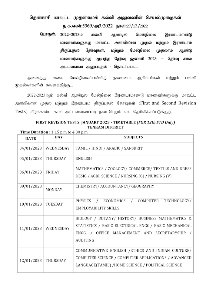 12th Revision Exam Time Table 2023 Tenkasi District