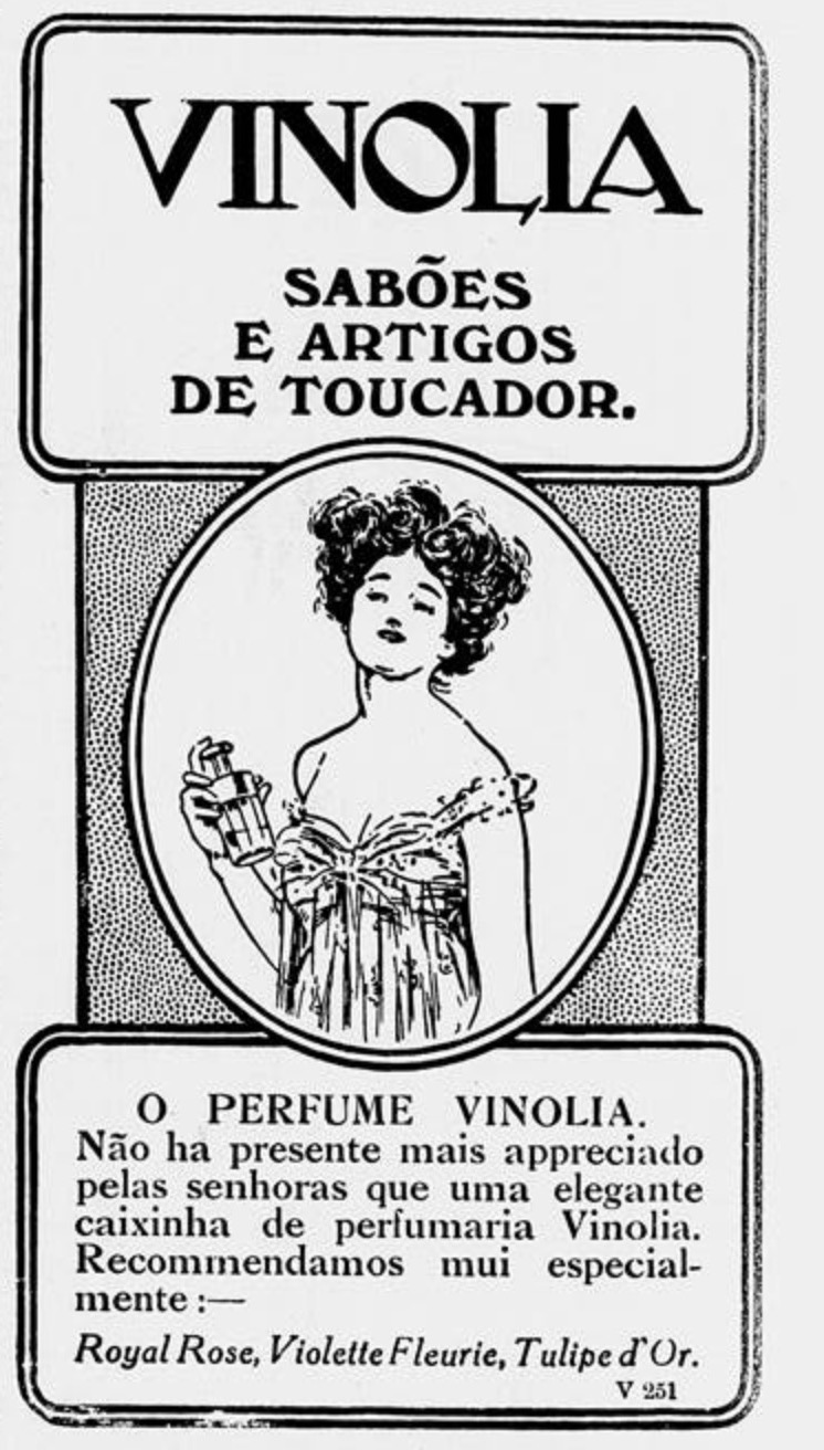 Propaganda antiga da Vinólia promovendo sua linha de cuidados com o banho em 1912