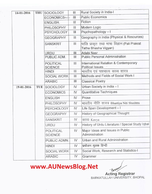 Barkatullah University PG Exam Time Table - aunewsblog