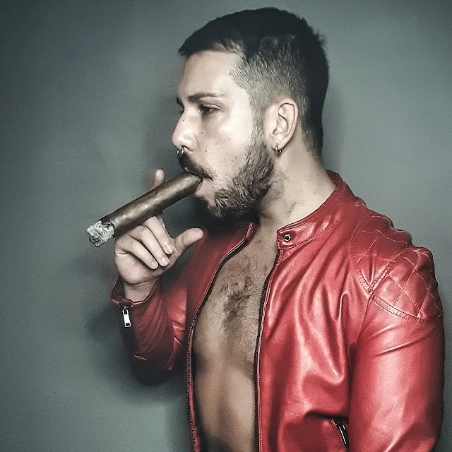 4/4 Hot Dudes Smoking Cigar 3 Photographs Wearing Orange Leather Jacket With One Red Curated by Oregonleatherboy