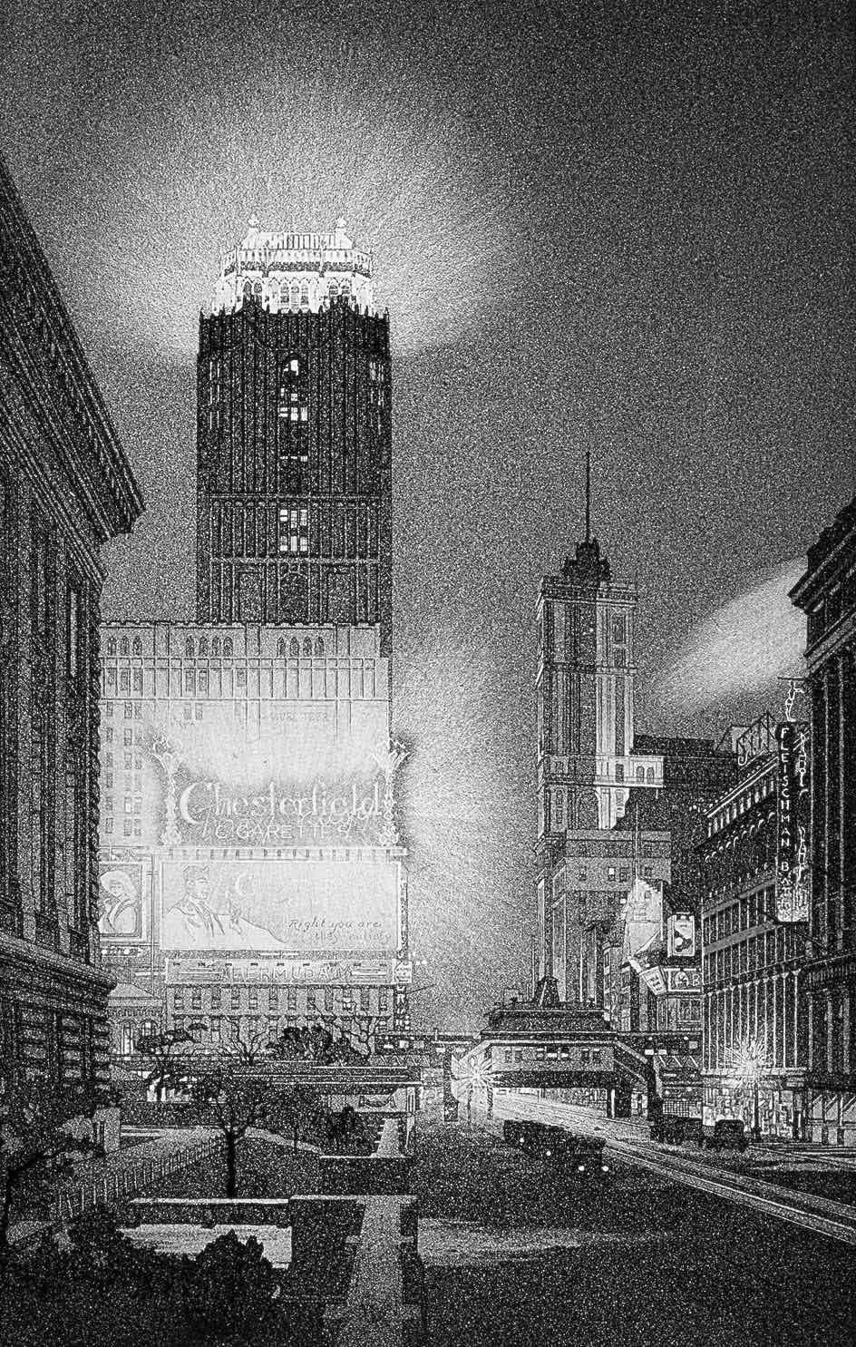 a John Taylor Arms illustration of city lights at night, 1920s?