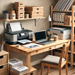 Ruang kerja bisnis kecil dengan setup percetakan digital, laptop di meja kayu, printer kecil, dan tumpukan hasil cetak. Efisien dan cocok untuk usaha rumahan.
