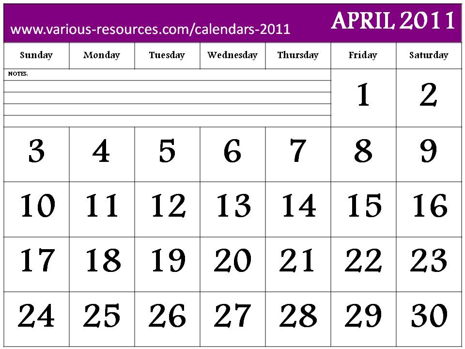 april 2011 calendar. Free Printable April 2011