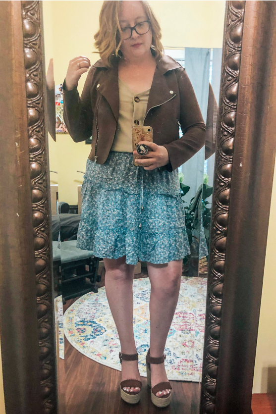 faux-suede-jacket-blue-floral-skirt-brown-wedges