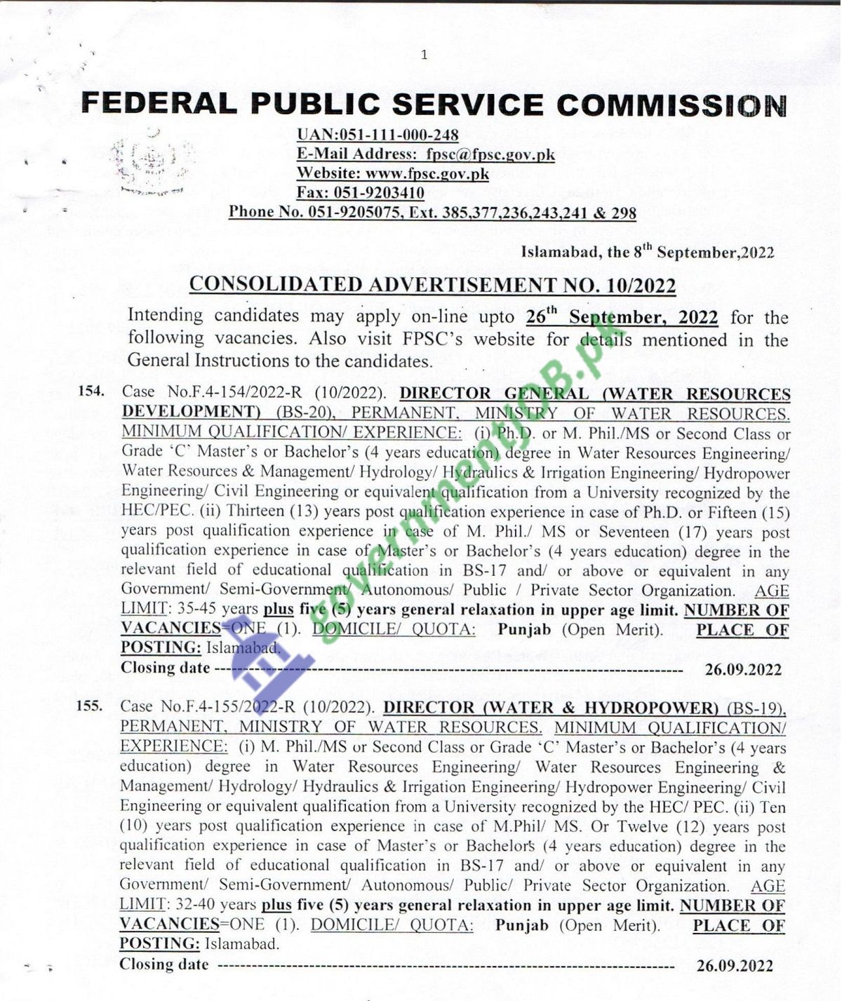 FPSC Jobs Advt no 10/2022 – Federal Public Service Commission