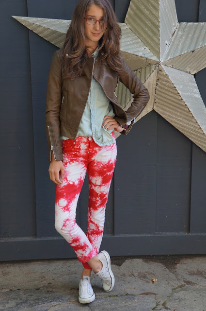 Hudson red tie-dye jeans, white laceless beat-up converse, olive brown Aritizia leather jacket, light was TNA denim shirt