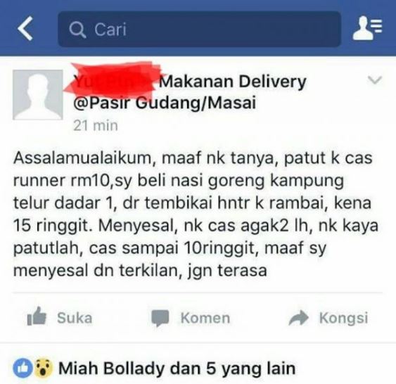 Luahan Runner Dituduh Tamak Caj RM10 Untuk Servis Penghantaran Makanan