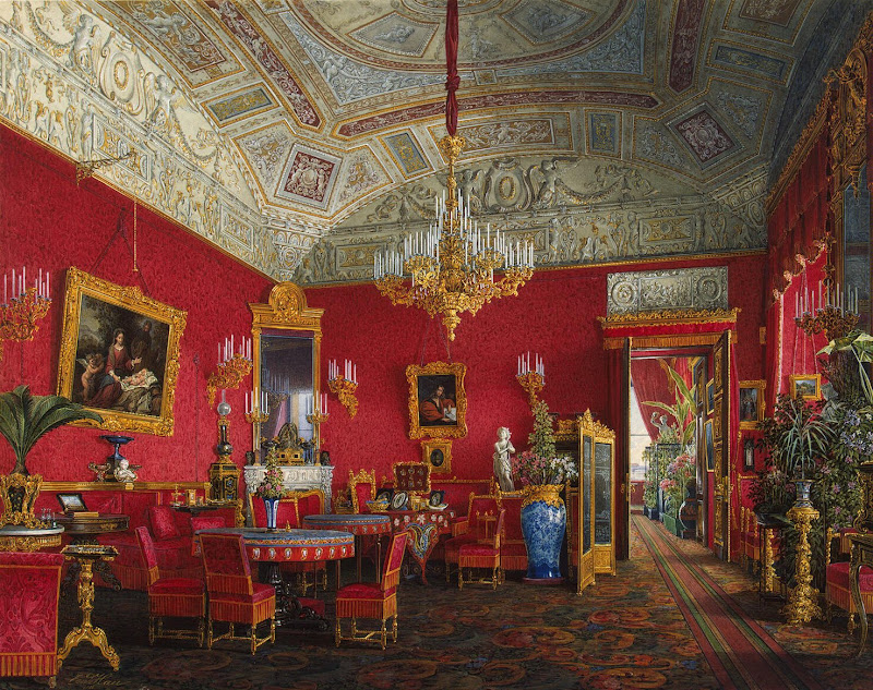 Interiors of the Winter Palace. The Large Drawing-Room of Empress Alexandra Fyodorovna by Edward Petrovich Hau - Interiors, Architecture Drawings from Hermitage Museum