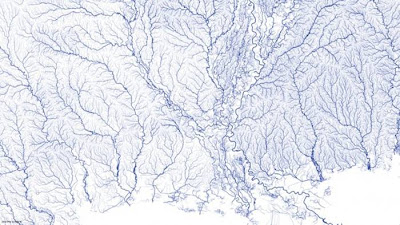 Beginning as an exercise in using open source information rather than to be a piece of art, Nelson Minar's All Rivers map is a detailed representation of every waterway in the bordering 48 United States. By using the National Hydrography Dataset, Minar outlined each river, stream, and creek he could find and related their Strahler number, which is a measure of their significance, onto the vector map he created. This interactive chart allows users to explore the different regions and examine the variety and types of waterways found in the area.