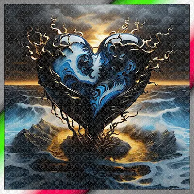cuore in marmo nero con venature blu creato con l'a.i.