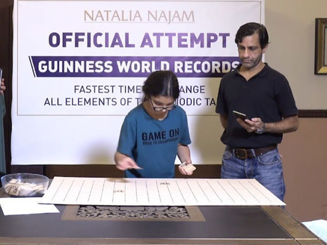 Natalia Najam, Nine years old Pakistani girl has broken the world record for the fastest arrangement of the periodic table of elements.