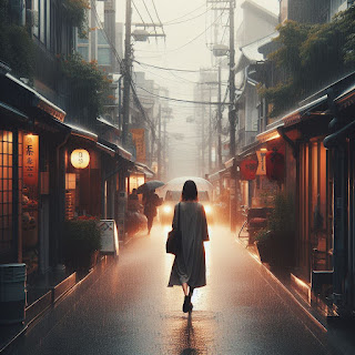 Prompt bing image creator ai - Foto asli perempuan sedang berjalan sambil hujan-hujan di jalan yang sepi waktu pada sore hari