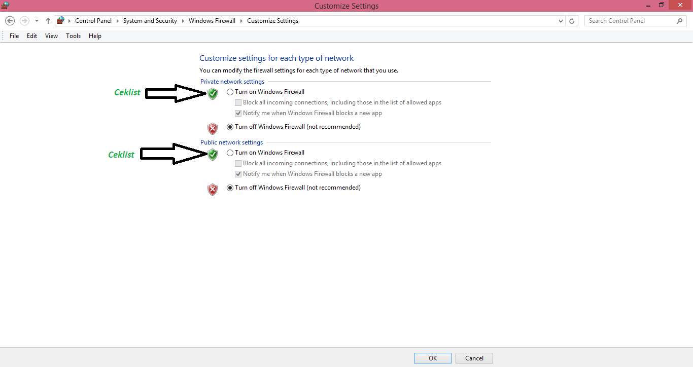 Gambar Ceklist Turn on Windows Firewall