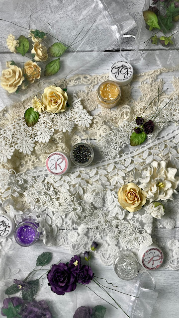 ReneaBouquets lace trim, paper flowers, glass beads and hand tinted glass glitter