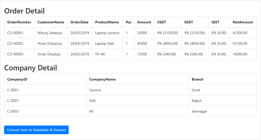 Convert JSON to Datatable/Dataset