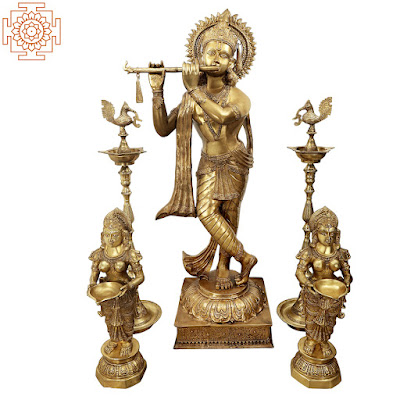 Fluting Krishna with Pairs of Deepalakshmi and Mayur Lamp Brass Statue