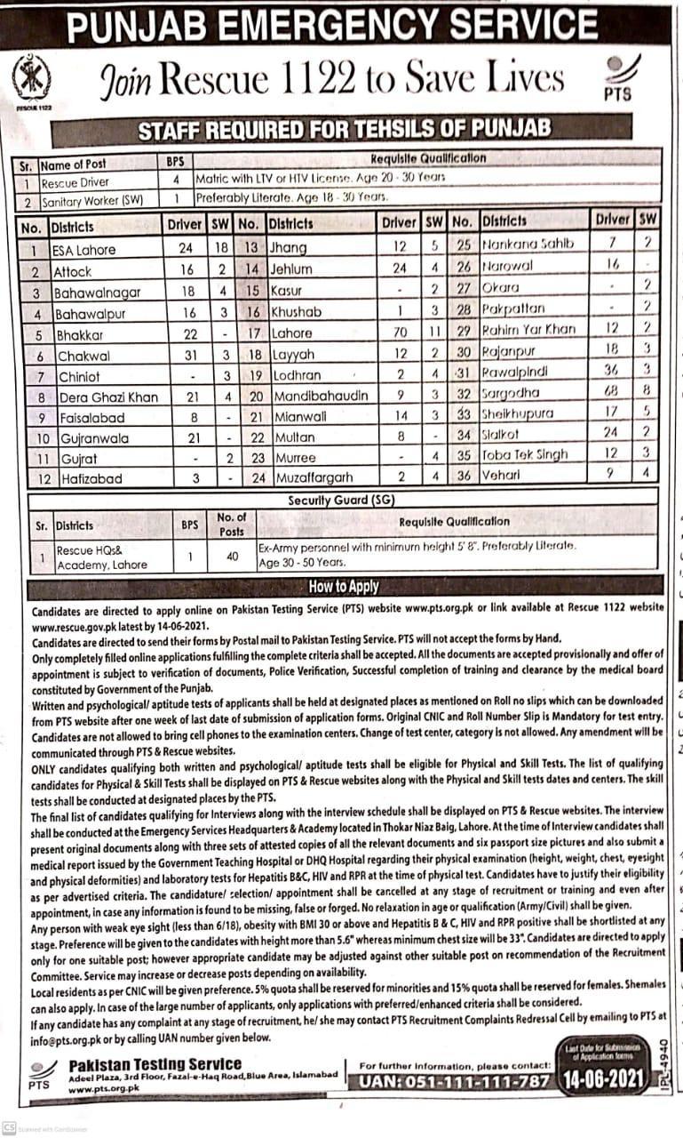 Rescue 1122 Punjab Jobs 2021 Advertisement Application Form via PTS