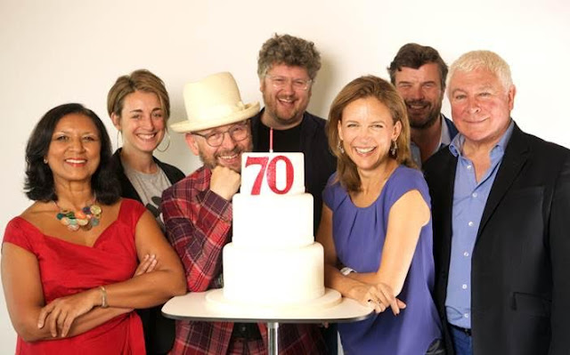 Radio 3 presenters celebrate the 70th anniversary of the Third Programme, the predecessor of BBC Radio 3, on Thursday 29 September. L-R: Lopa Kothari, Sara Mohr-Pietsch, Max Reinhardt, Tom Service, Katie Derham, Petroc Trelawny, Sean Rafferty