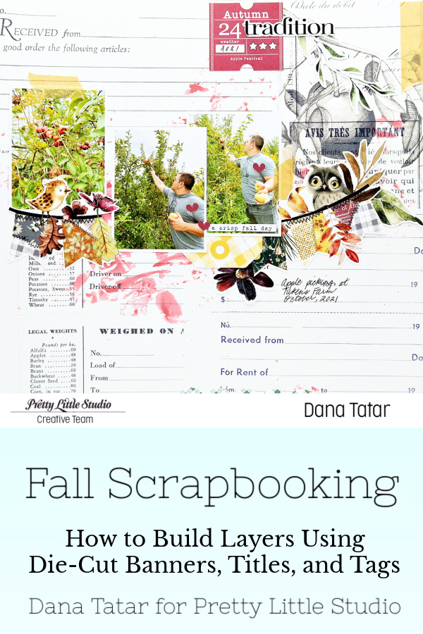 Fall Apple Picking Scrapbook Layout with Die-Cut Embellishments on Ledger Paper from the Pretty Little Studio Ginger Snap Collection