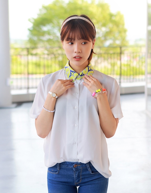 Button Up Blouse with Abstract Print Neon Collar