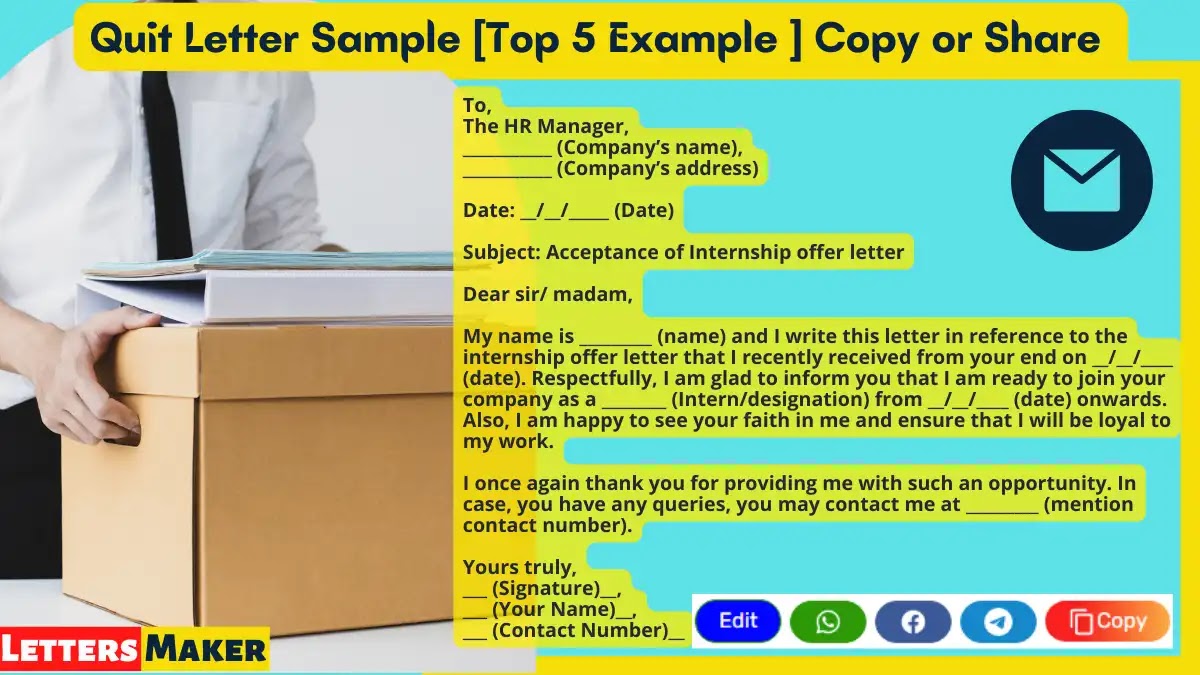 Quit Letter Sample [Top 5 Example ] Copy or Share Template