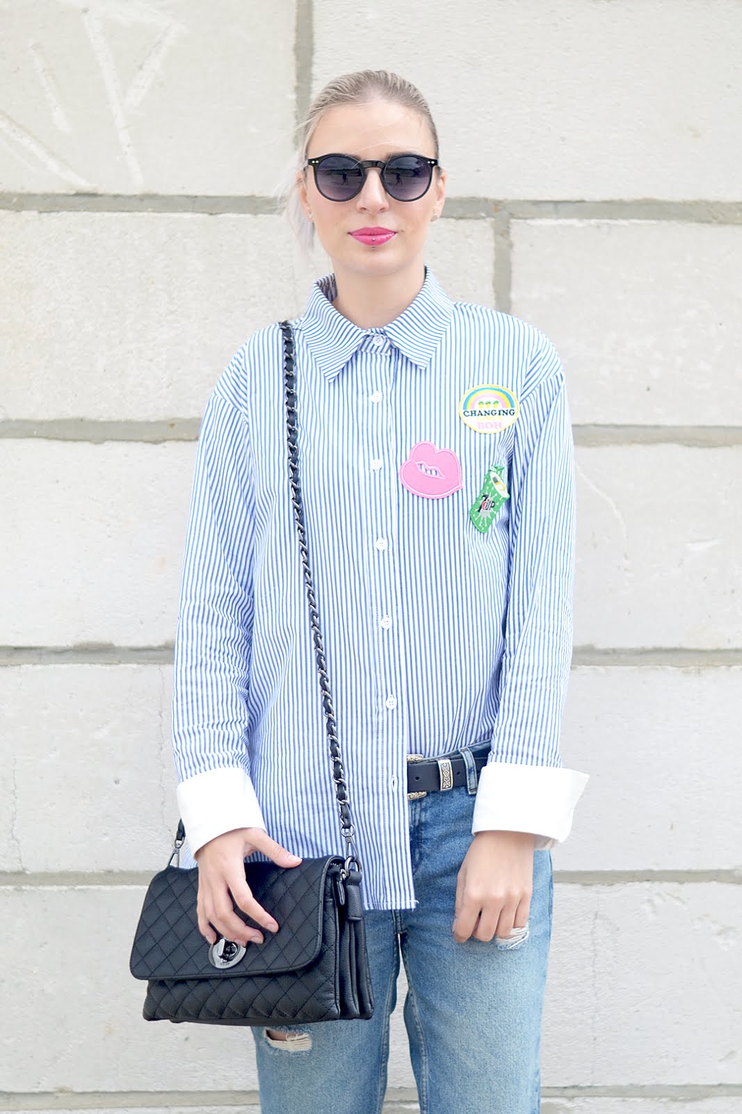 Striped shirt, patches, blue, marc b bag, yaz